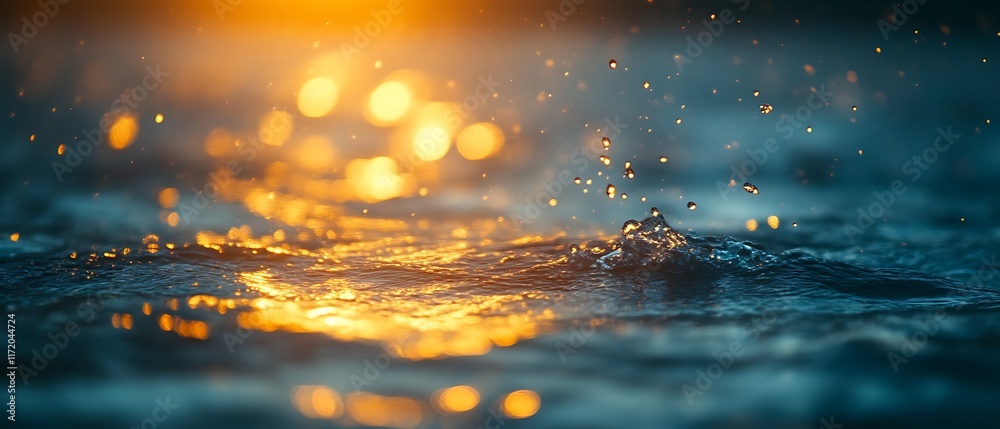 Naklejka premium Golden sunset water droplets splash.
