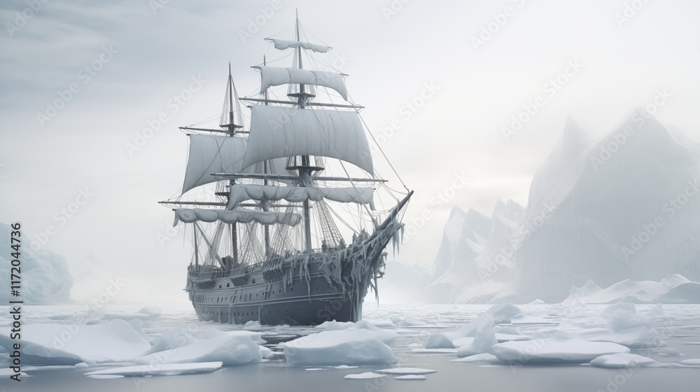 Fototapeta premium Realistic depiction of a ship navigating through a polar ice field, studio lighting setup, space in the center,generative ai illustration