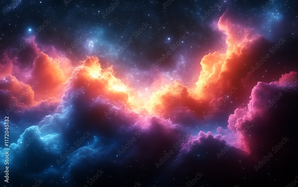 Fototapeta premium Vibrant nebula with orange, blue, and pink cosmic clouds in space.