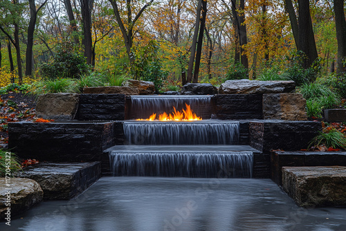 Autumnal Waterfall Fire Feature in a Stone Garden