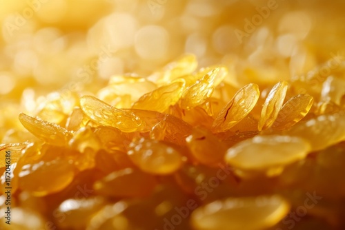 Close-up of honey dripping from a honeycomb with golden hues photo