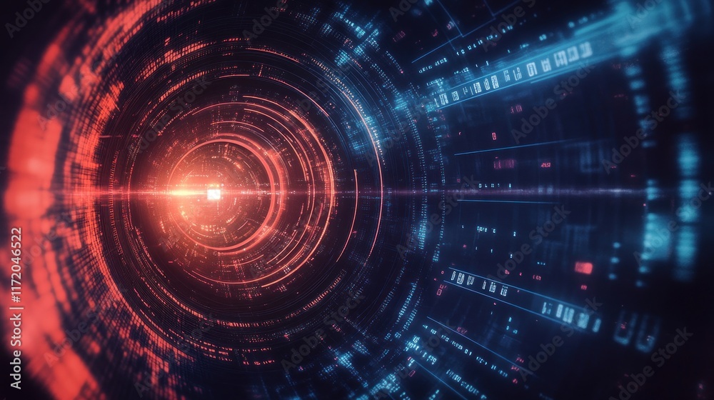 Obraz premium Abstract digital tunnel with glowing red and blue concentric circles and data streams.