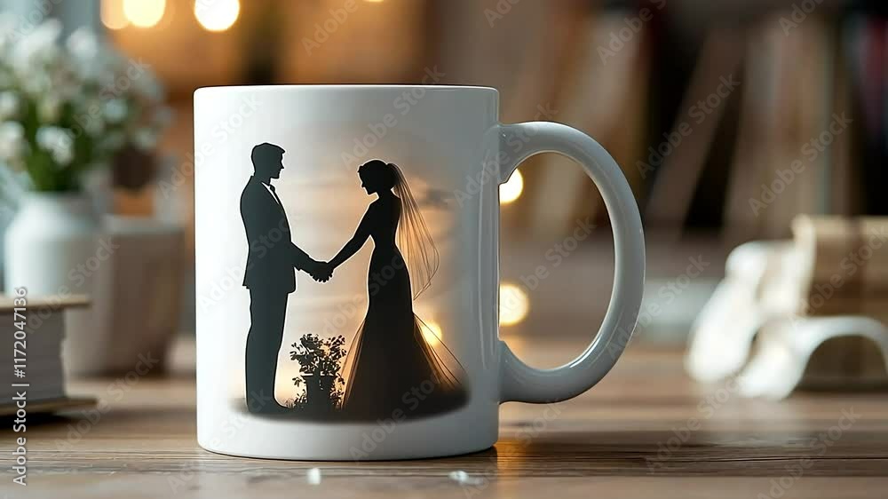 White mug with silhouette of a bride and groom holding hands against a sunset backdrop.