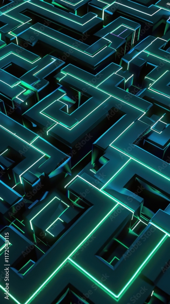 Abstract 3D Neon Maze: Intricate Geometric Labyrinth of Teal and Green Glowing Lines