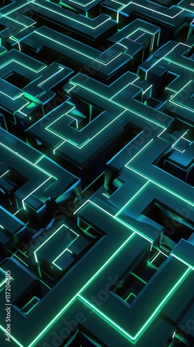 Obraz na płótnie Abstract 3D Neon Maze: Intricate Geometric Labyrinth of Teal and Green Glowing Lines w salonie