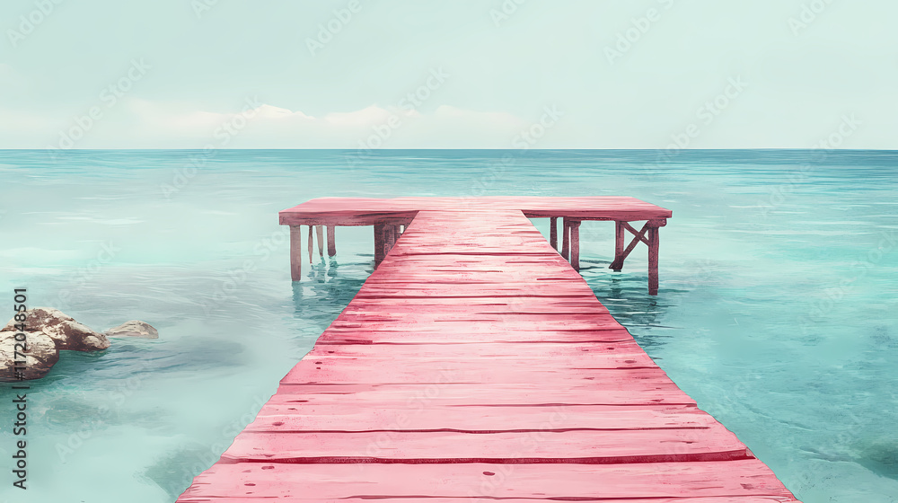 Obraz premium Serene seaside escape: a tranquil pink pier over crystal clear waters. Tidepool. Illustration