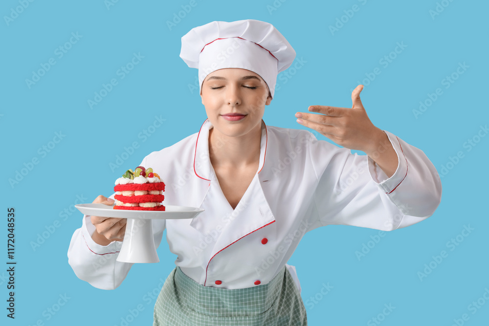 Female confectioner smelling cake on blue background Female confectioner smelling cake on blue background