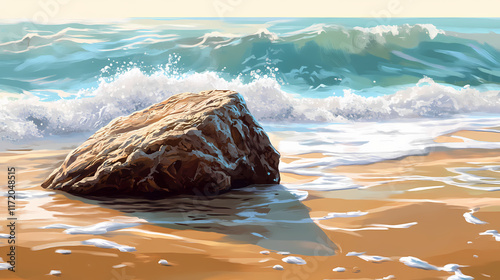 Smooth, wet rock on a sandy beach with gentle waves. Tidepool. Illustration