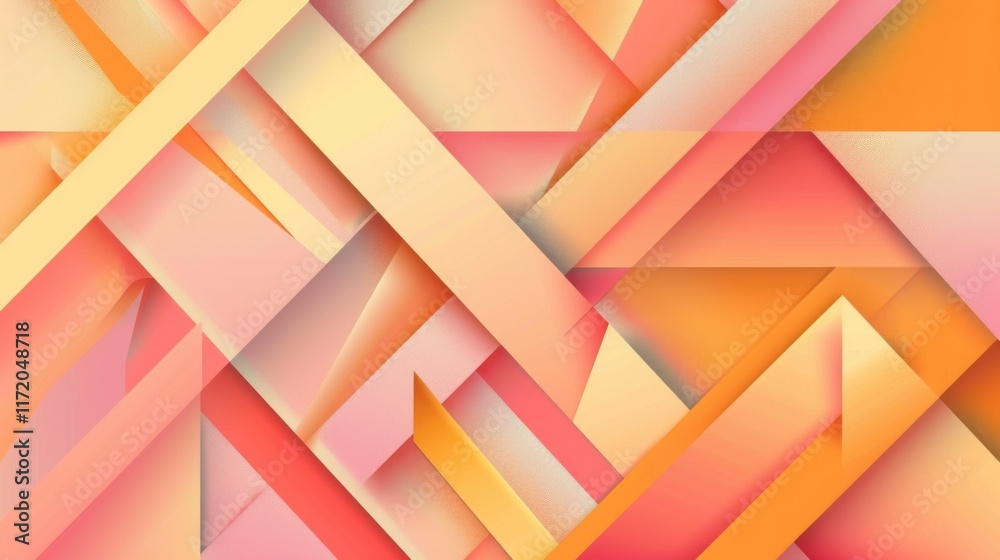 Abstract Geometric Pattern Design with Warm Color Palette, Intersecting Lines and Shapes, Gradient Hues of Orange, Pink, and Yellow