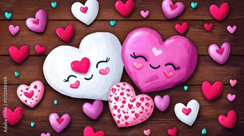 Two intertwined hearts rest gracefully on a rustic wooden surface, symbolizing love and connection on Valentine's Day. Two intertwined hearts rest gracefully on a rustic wooden surface, symbolizing love and connection on Valentine's Day.