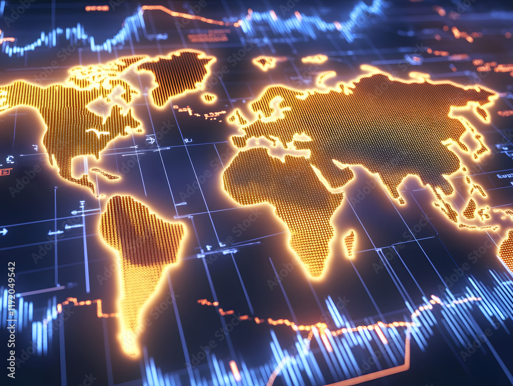 blue digital world map global finance growth success business stock economy technology AI computer financial data graph investment bar blue digital world map global finance growth success business stock economy technology AI computer financial data graph investment bar