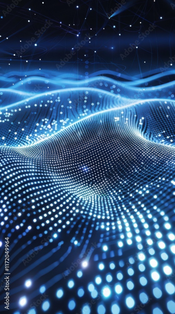 Abstract Digital Landscape: Glowing Blue Particle Waves and Network Connections