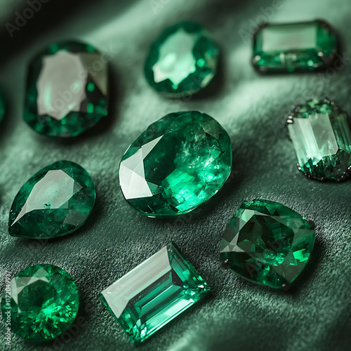 close-up of multiple emerald gemstones in various unique shapes, arranged in a harmonious composition on a soft velvet background photo