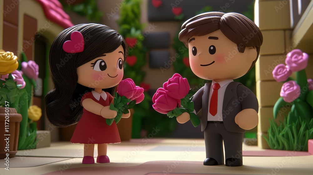 Fototapeta premium Two charming figurines, a man and a woman, tenderly holding flowers, embodying love and affection perfect for Valentine's Day celebrations.