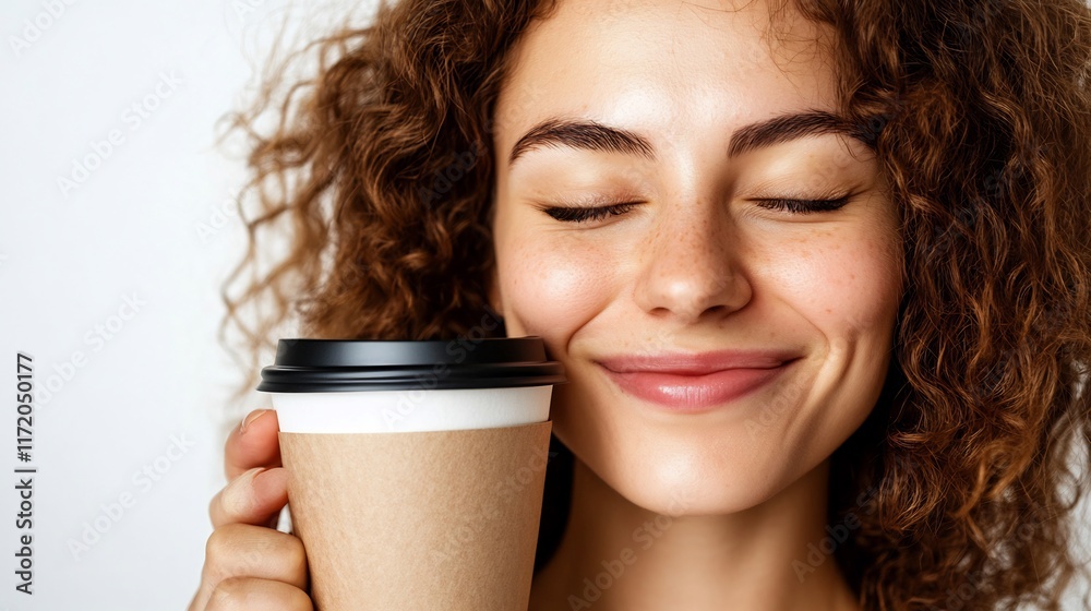 custom made wallpaper toronto digitalWoman Enjoying Coffee, Curly Hair, Happiness, Coffee Cup, Morning, Delightful Moment, Relaxation, Pleasure,