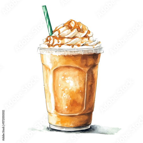 A watercolor vector painting of an Iced Caramel Crunch Frappuccino, isolated on a white background. Iced Caramel Crunch Frappuccino vector.

