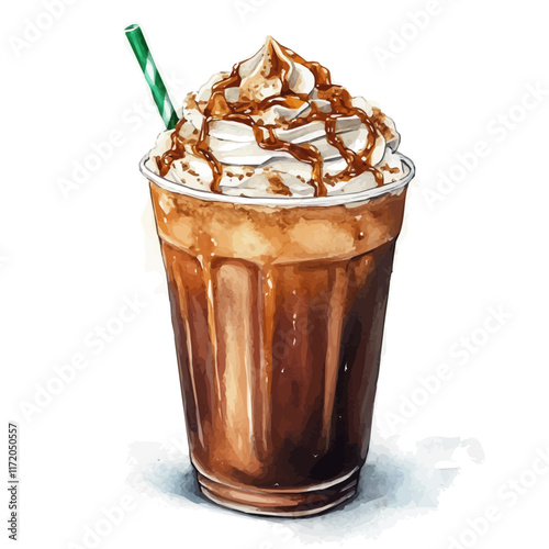 A watercolor vector painting of an Iced Caramel Crunch Frappuccino, isolated on a white background. Iced Caramel Crunch Frappuccino vector.

