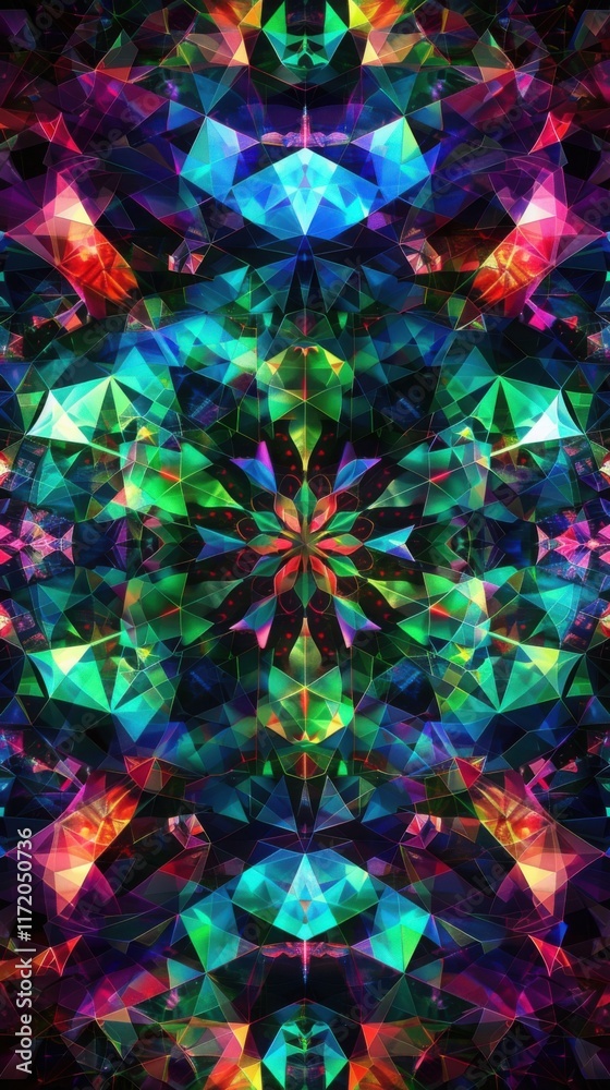Kaleidoscopic Jewel Tones Abstract Art: Vibrant Geometric Pattern with Symmetrical Design and Rainbow Hues