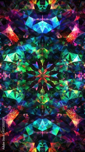 Obraz na płótnie Kaleidoscopic Jewel Tones Abstract Art: Vibrant Geometric Pattern with Symmetrical Design and Rainbow Hues w salonie