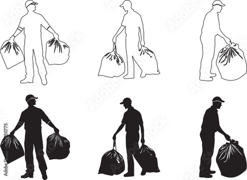 Silhouette of a garbage collector lifting trash bags vector silhouette