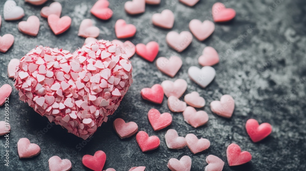 Obraz premium A vibrant heart-shaped candy surrounded by smaller heart motifs, embodying the spirit of love and affection for Valentine's Day celebrations.