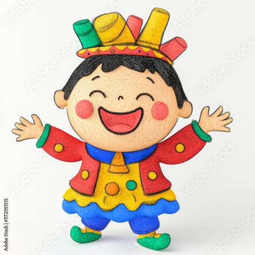 Happy cartoon character with colorful hat and outfit, smiling joyfully. This playful design features vibrant colors and cheerful expression, perfect for children themes photo