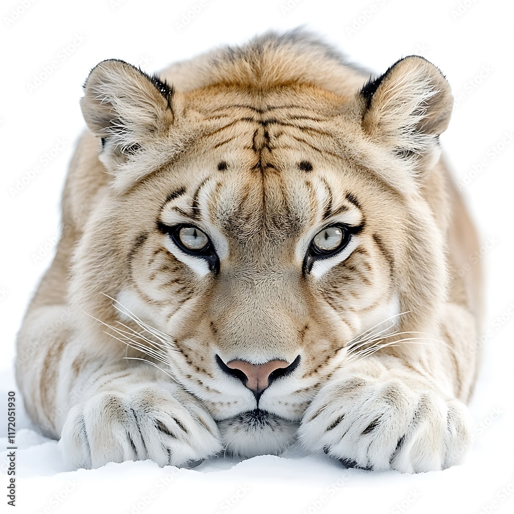 Obraz premium White tiger resting in snow, intense gaze. Wildlife photography for nature documentaries.