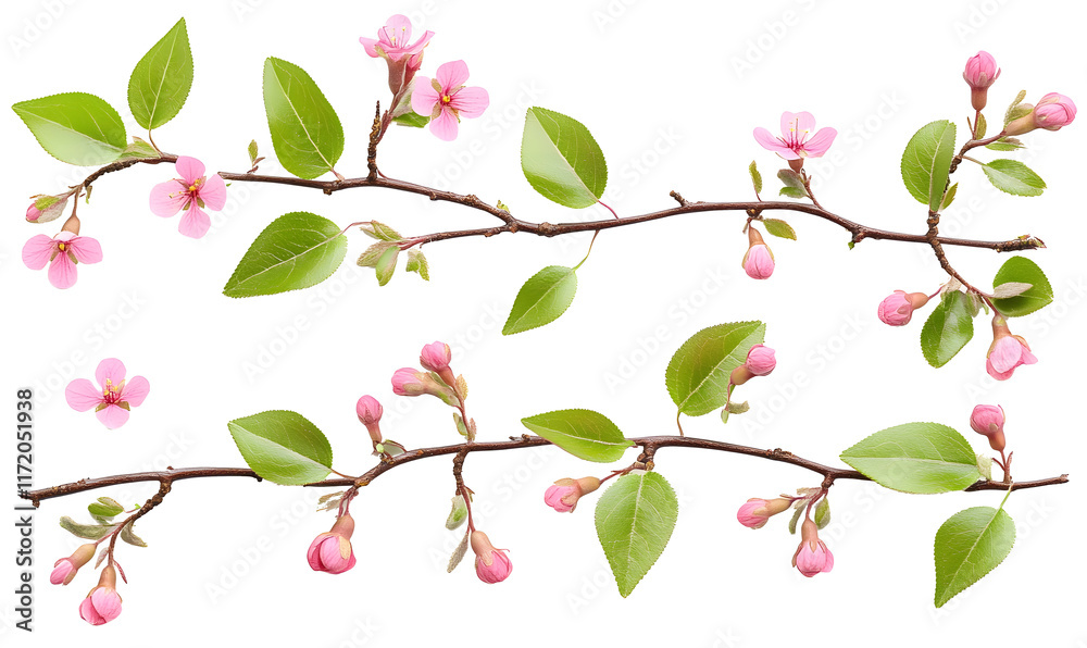 Two delicate flowering branches with pink blossoms and green leaves, isolated on black. Two delicate flowering branches with pink blossoms and green leaves, isolated on black.
