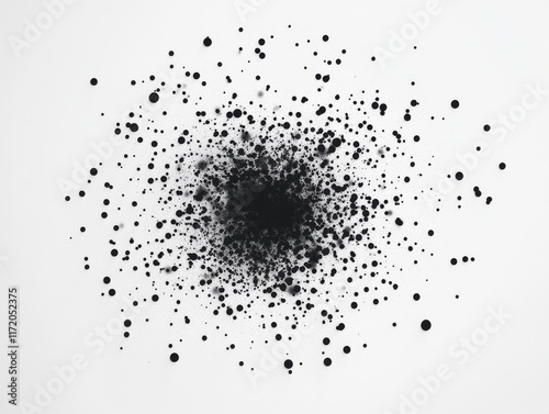 Abstract black dots clustering towards central focal point, creating striking visual effect. arrangement evokes sense of depth and movement in minimalist style photo