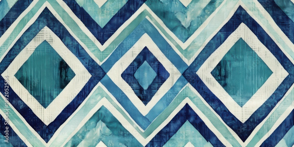 Abstract Watercolor Geometric Design in Teal and Navy Shades: A Seamless Pattern of Interlocking Diamonds and Zigzags