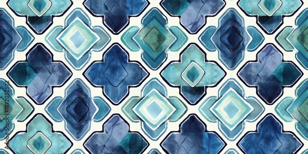 Abstract Watercolor Geometric Pattern in Shades of Blue and Teal: A Seamless Design for Textiles and Interiors