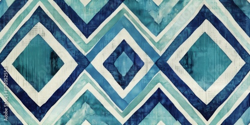 Obraz na płótnie Abstract Watercolor Geometric Design in Teal and Navy Shades: A Seamless Pattern of Interlocking Diamonds and Zigzags w salonie
