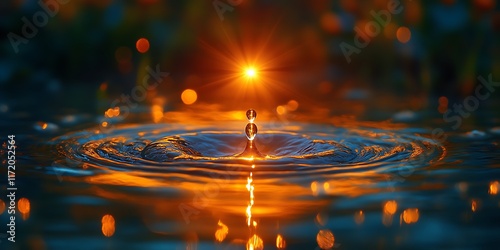 Water droplet impacting still water at sunset.