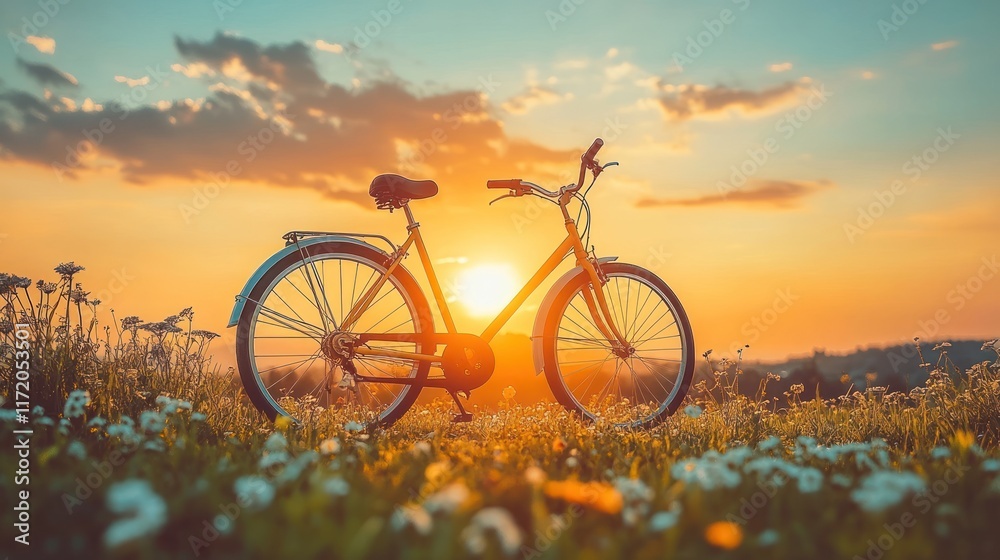 Naklejka premium Vintage bicycle in a field at sunset.