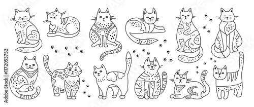 Cats hand drawn doodle childish set. Cute kitten with outline ornament. Pet with pattern, linear funny animal design for kids. Cats in different poses. Mammal drawing character vector illustration