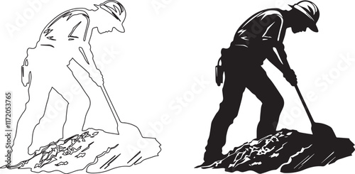 Silhouette of a miner digging in a tunnel vector silhouette