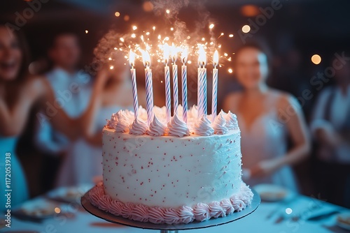 Birthday cake with sparklers and friends celebrating.