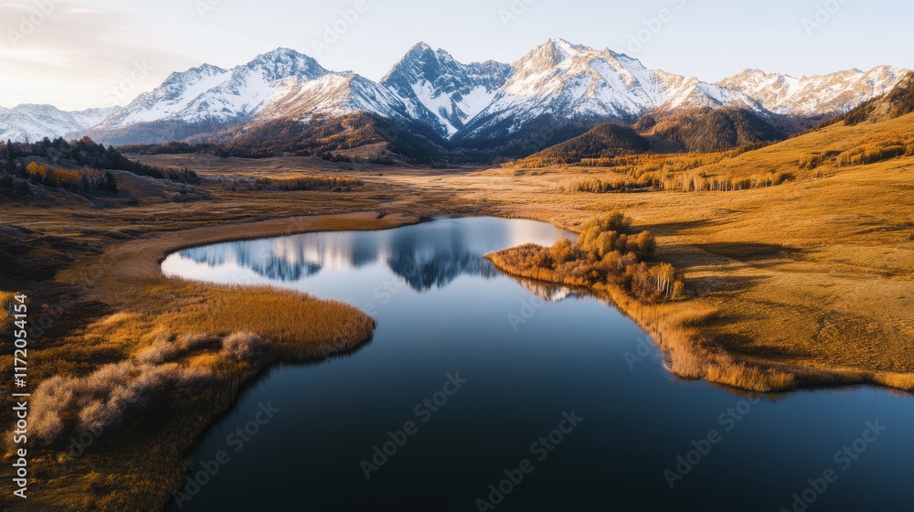 Aerial view of tranquil lake reflecting snow capped mountains, surrounded by golden grasslands and autumn foliage, creating serene landscape Aerial view of tranquil lake reflecting snow capped mountains, surrounded by golden grasslands and autumn foliage, creating serene landscape