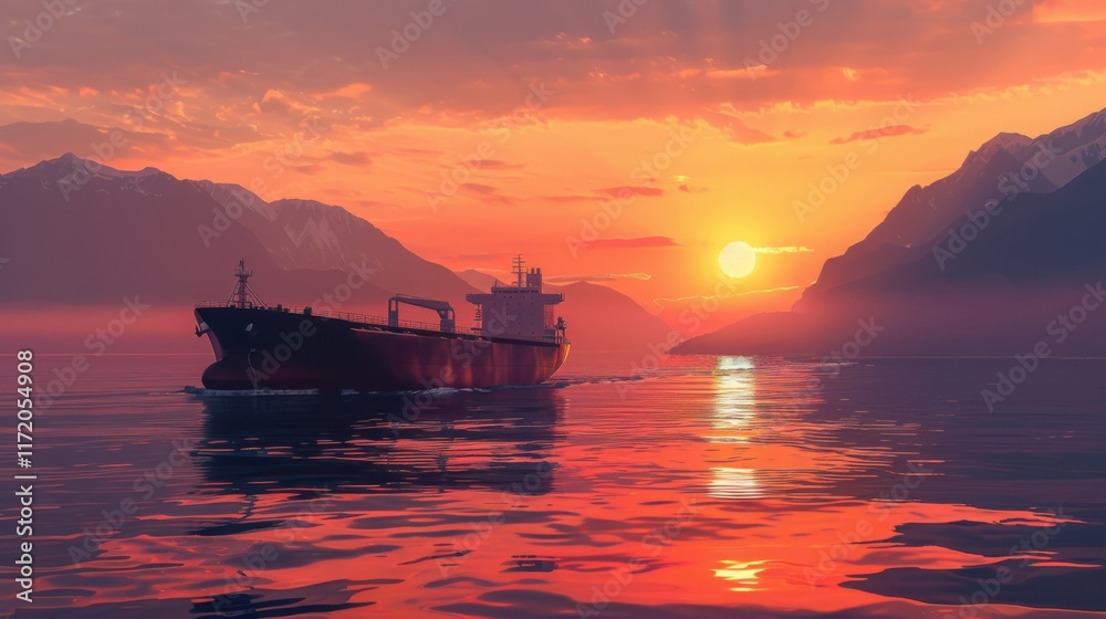 Majestic Sunset Cruise: Oil Tanker Sailing Through Dramatic Mountain Fjord Majestic Sunset Cruise: Oil Tanker Sailing Through Dramatic Mountain Fjord