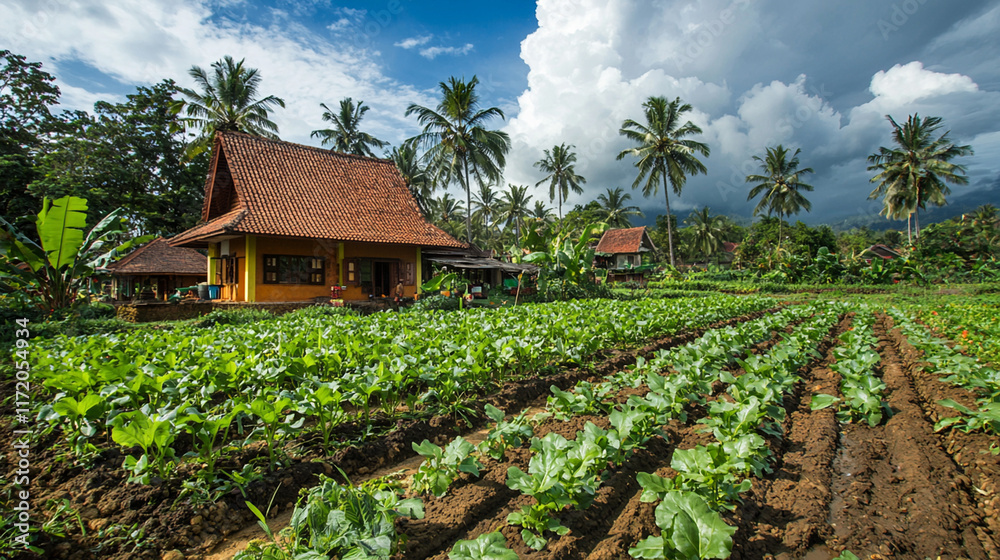 Tropical house beside lush green vegetable farm. Tropical house beside lush green vegetable farm.