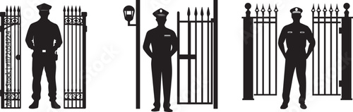 Silhouette of a security guard standing at a gate vector silhouette