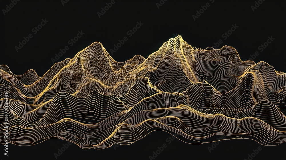 Obraz premium Abstract line art of mountains in gold with a black backdrop, ideal for modern print or packaging. 