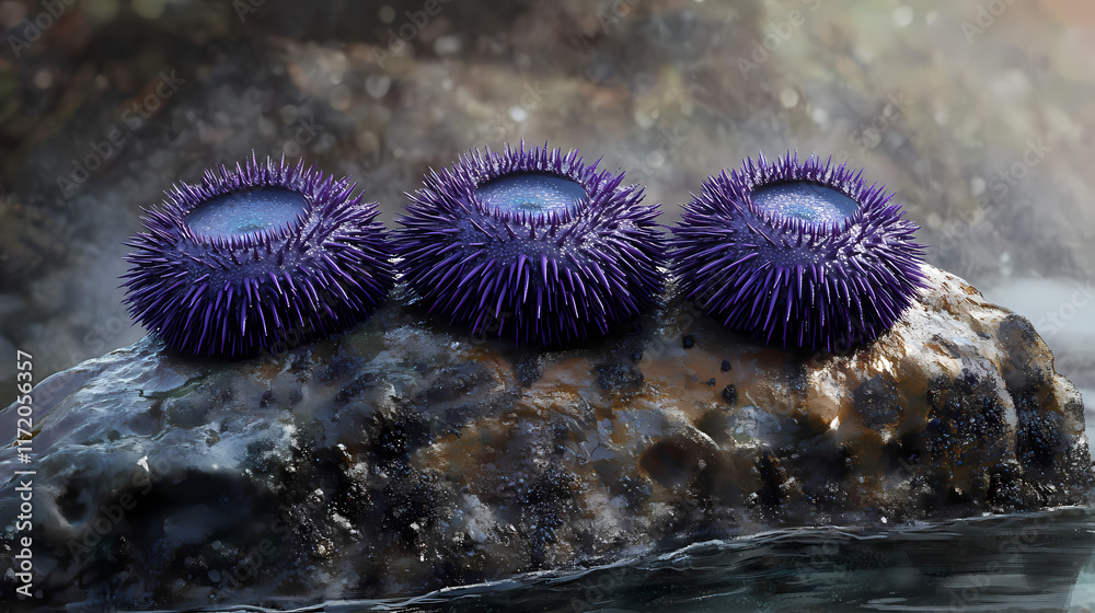 Obraz premium Detailed illustration of four purple sea urchins on a rock. Tidepool. Illustration