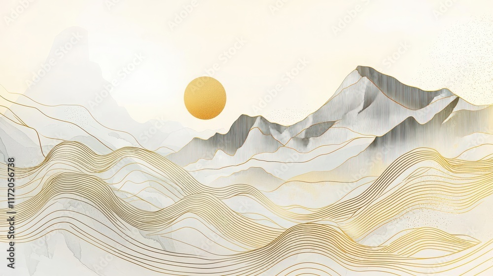 Obraz premium Abstract mountain line art with golden accents and geometric shapes on a soft white canvas for contemporary packaging design.