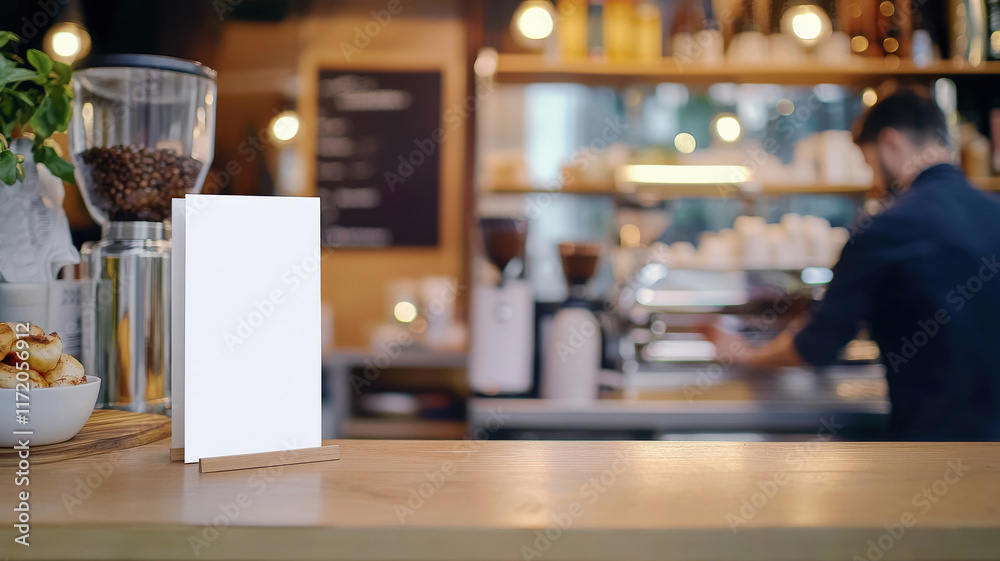 A flyer mockup placed on a café counter, ready for customization. In the blurred background, a barista is actively preparing drinks, adding a lively and authentic coffee shop ambiance. A flyer mockup placed on a café counter, ready for customization. In the blurred background, a barista is actively preparing drinks, adding a lively and authentic coffee shop ambiance.
