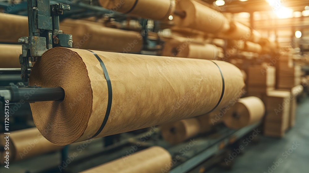 Close-Up of Large Rolls of Brown Paper on Production Line in Manufacturing Plant, Showcasing Industrial Efficiency and Productivity in a Busy Factory Environment Close-Up of Large Rolls of Brown Paper on Production Line in Manufacturing Plant, Showcasing Industrial Efficiency and Productivity in a Busy Factory Environment