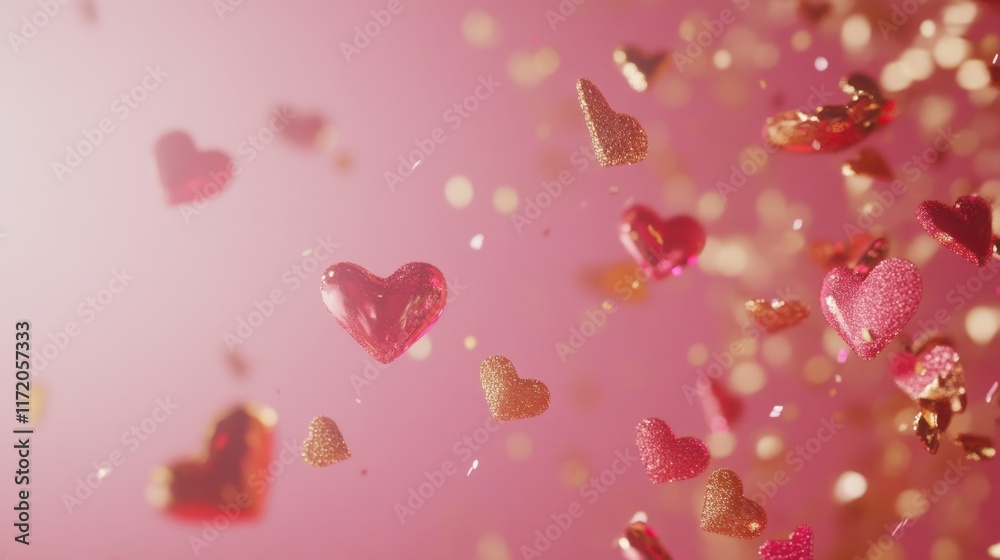 Obraz premium Floating hearts cascade against a soft pink backdrop, creating a romantic and whimsical atmosphere perfect for Valentine's Day celebrations.