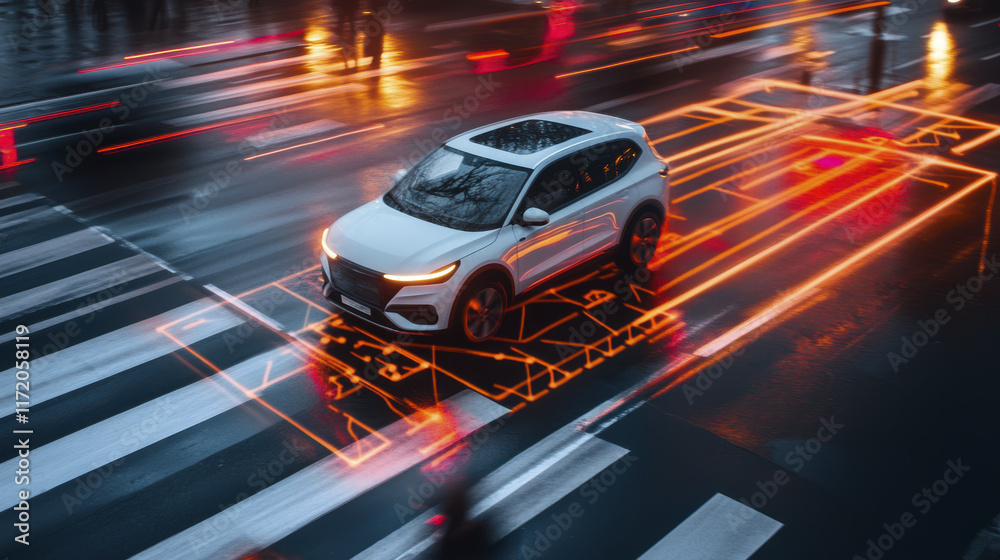 Fototapeta premium modern autonomous vehicle navigating crosswalk with illuminated path markings, showcasing advanced technology in urban transport. scene captures dynamic movement and innovation in smart mobility