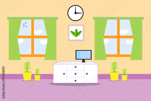 cartoon house room background with windows computer table wall clock 