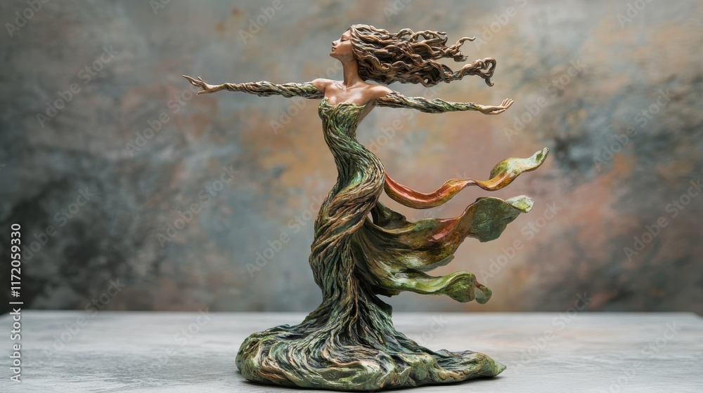Fototapeta premium Elegant Sculpture of a Woman in Flowing Dress Capturing the Essence of Nature with Graceful Movement and Artistic Detail